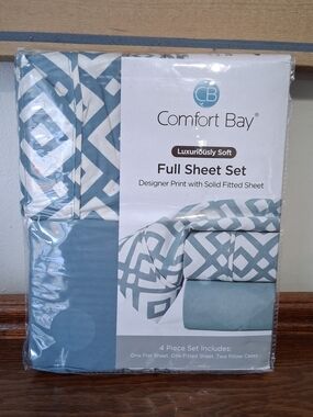 NEW Comfort Bay 4 Piece Blue / Teal Geometric Full Sheet Set 100% Polyester